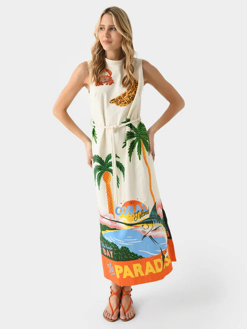 alemais sea midi dress Almais, Lucky printed Linen Midi Dress, Women, Blue, S, Dresses