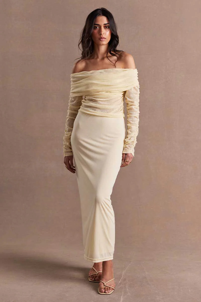sovere rise mesh long sleeve dress SOVERE Rise Mesh Long Sleeve Dress in Buttermilk