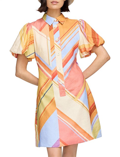 pink, orange and blue patterned dress