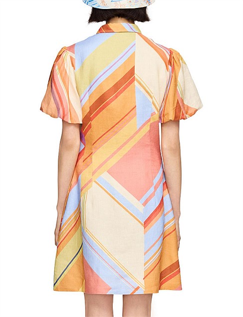 pink, orange and blue patterened mi=ini dress