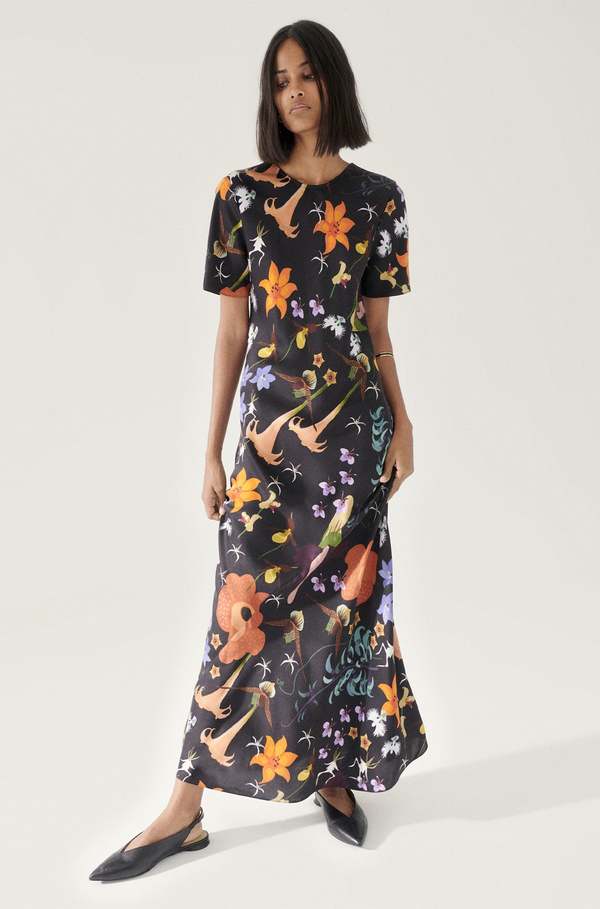 long black dress with floral print 