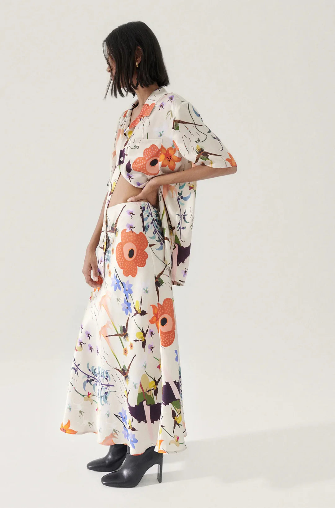 SILK LAUNDRY - Hazelnut Lost Flowers Long Bias Cut Skirt and Shirt Set