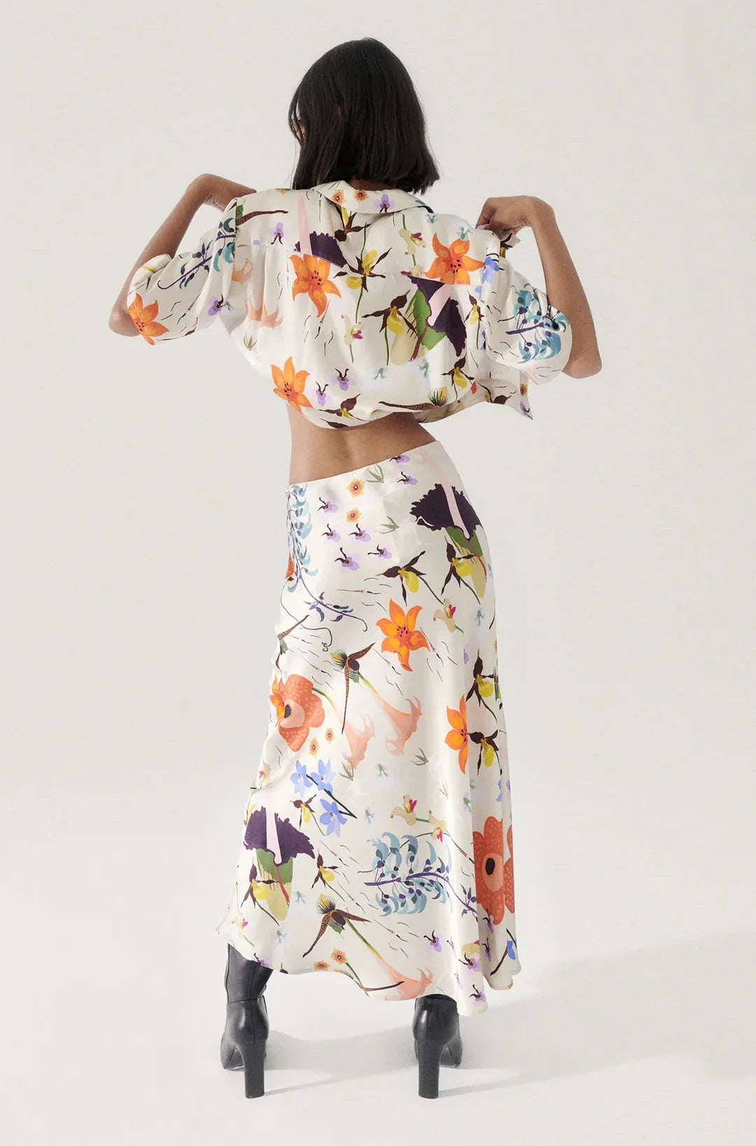 SILK LAUNDRY - Hazelnut Lost Flowers Long Bias Cut Skirt and Shirt Set