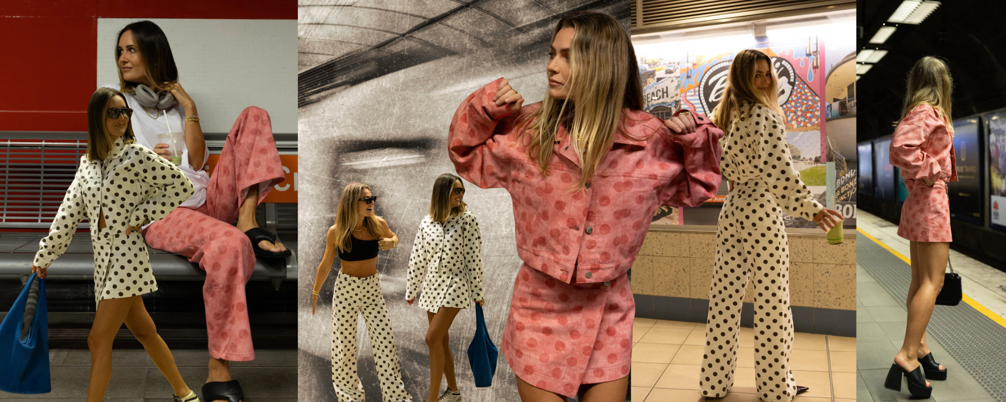 Woman in pink and white polka dot outfit walking in a subway station.
